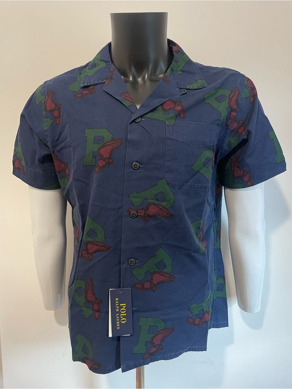 Polo by Ralph Lauren Navy Short-Sleeve Camp Shirt with Green 'P' Print